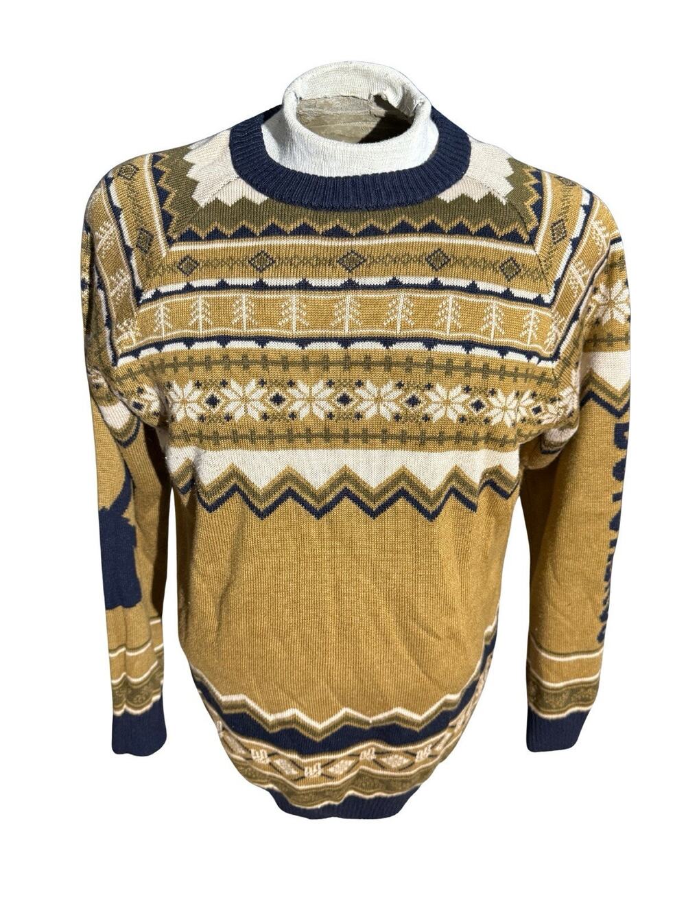 Dutch Bros Coffee Holiday Sweater Large Fair Isle Gold Blue Snowflake Knit